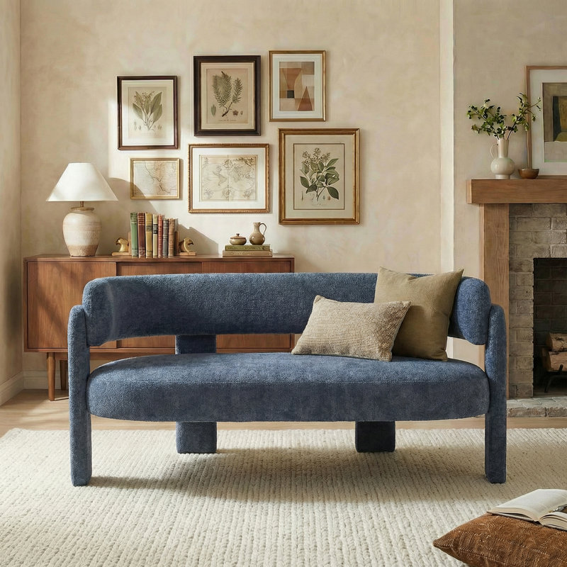 Upholstered Barrel Backrest Loveseat Sofa, Blue