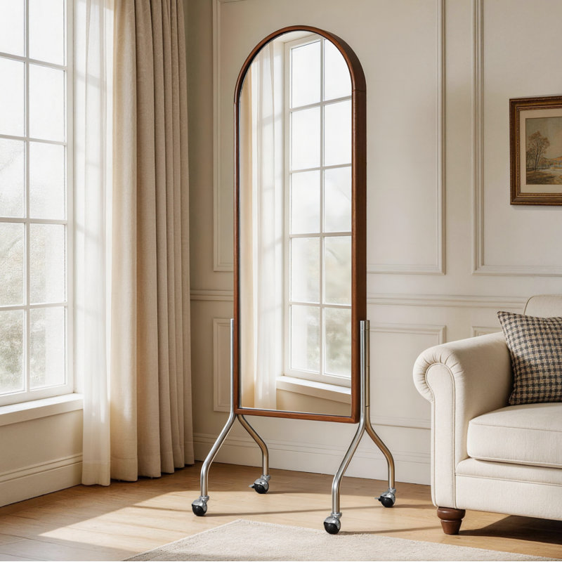 Miroir autoportant à roulettes avec support de rangement et pieds en acier inoxydable