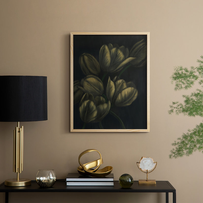 Tulipes dorées I, reproduction encadrée - bois massif, Naturel, H 11 po x l 9 po