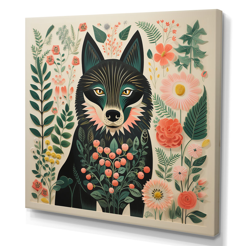 Rose et vert Boho Portrait I - loup, art mural, Toile tendue, H 16 po x l 16 po x P 1 po