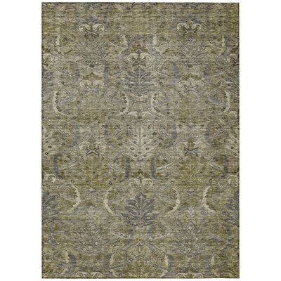 10' X 14' Taupe And Gray Damask Washable Indoor Outdoor Area Rug