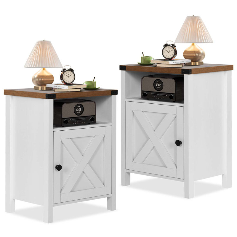 Farmhouse Nairoby Nightstand, End Table, End Tables with Barn Door and Shelf, Modern Bed Side Table Rustic Nightstands Set for Bedroom, Living Room ﻿