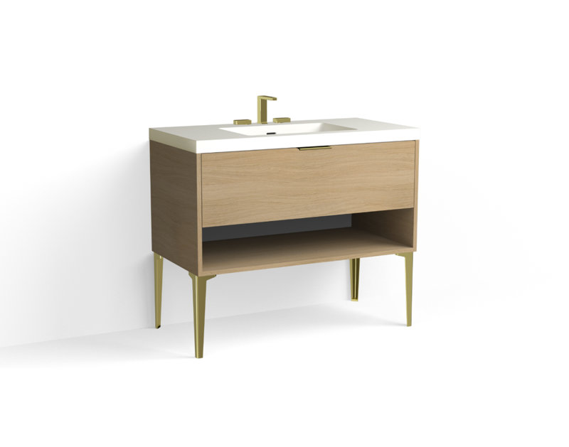 Modo 42" W Freestanding Single Bathroom Vanity with Dean Leg, Glossy White/8" Widespread, Biondo, Satin Brass