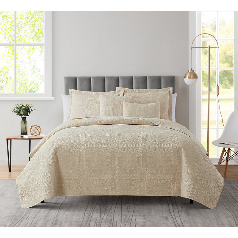 Grid Weave Premium Microfiber Reversible Quilt Set, Twin Quilt + 3 Shams, Beige Cream