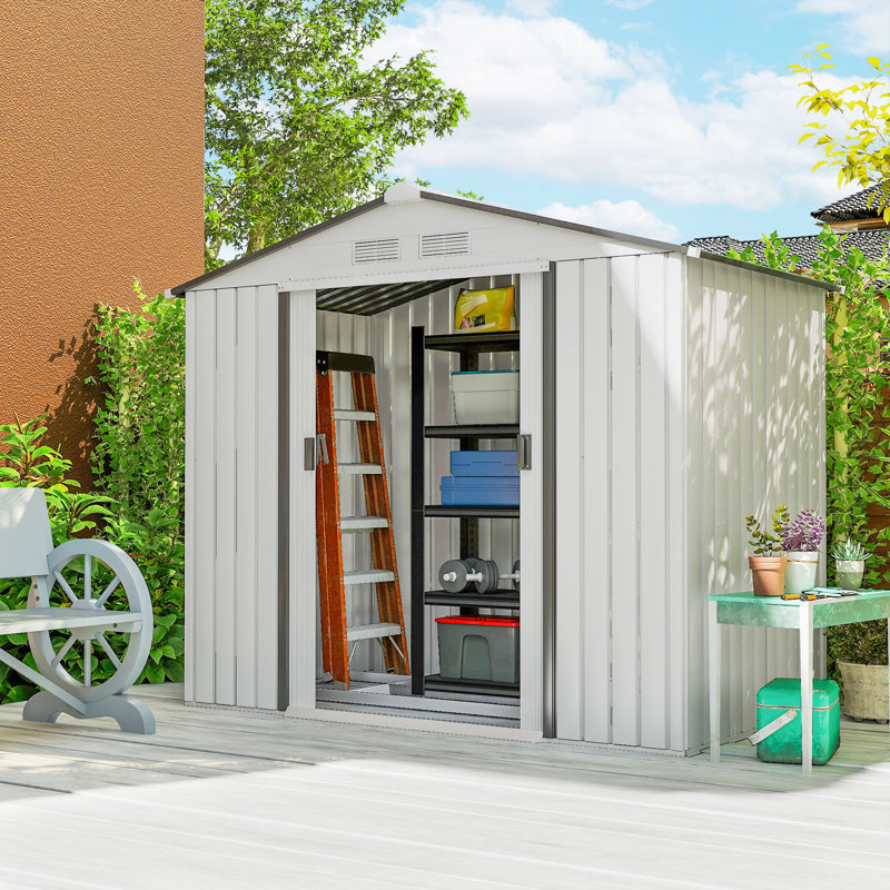 Remise de rangement extérieure de 7 pi x 4 pi Outsunny, remise en métal pour outils de jardin avec trousse de fondation, double porte verrouillable, bouches d'aération et toit incliné, pour cour, patio, pelouse, blanc