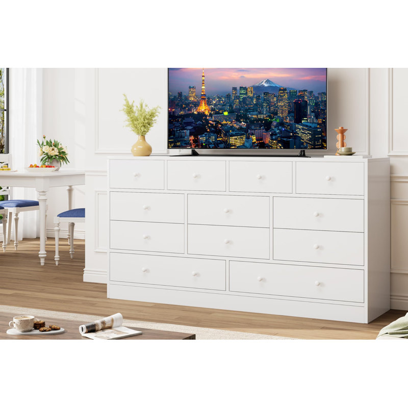 Commode 12 tiroirs pour chambre à coucher, commode en bois 61 pouces avec prise de courant, Blanc