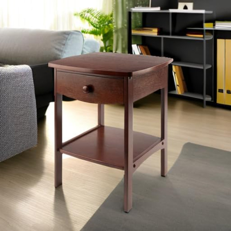 Table de bout / table de chevet courbée en bois avec un tiroir, brun, Brun