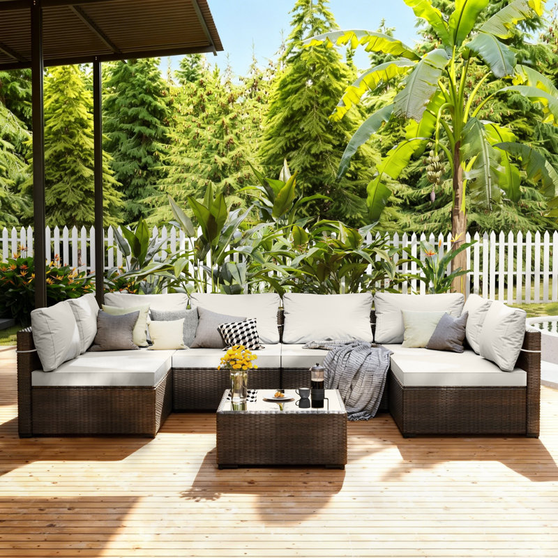 7-piece wicker patio conversation sets with cushions, Ivory White, 7 Pcs, Brown