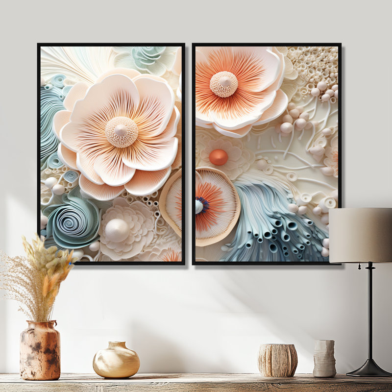 «Blue and White Coral Underwater Bouquet I - Peach Coastal», art mural, H 36 po x l 48 po, Impression encadrée flottante