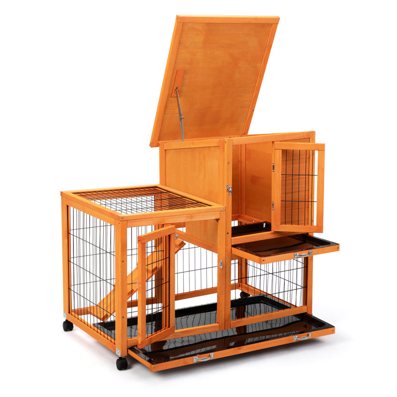 Cage à lapin orange avec intérieur spacieux - plateaux amovibles et pratiques amovibles, toit imperméable et roulant offrant un abri pour animaux spacieux et adapté à la protection de plusieurs petits animaux