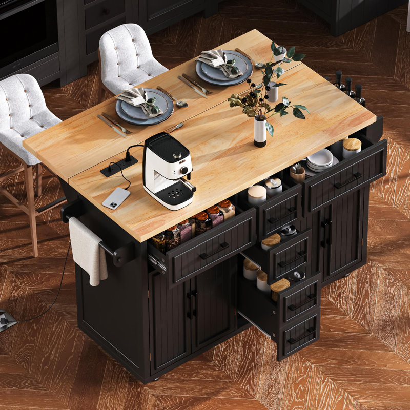 56.5'' Kitchen Island With Drop Leaf, Power Outlet, Embossed Vertical Stripe Rolling Kitchen Cart On Wheels With 4 Doors , 5 Deep Drawers And Adjustable Shelves, For Kitchen, Dining Room