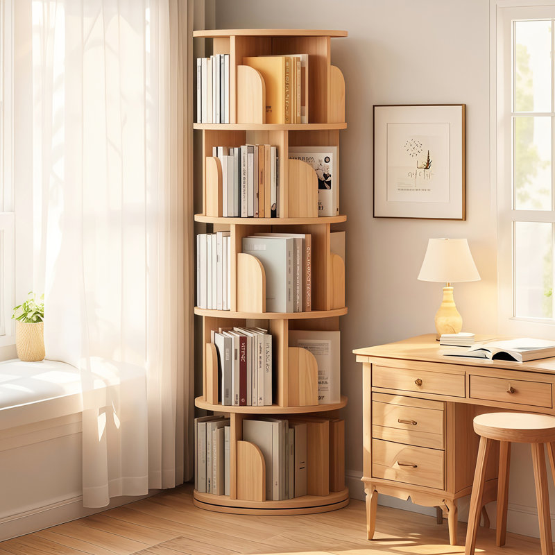 Bibliothèque rotative 5 niveaux 360 ° avec bord incurvé, déflecteur enveloppant et grand espace de rangement pour les petits espaces dans la chambre à coucher, le bureau, la base en bois double couche à affichage couleur, utilisation multifonctionnelle à bord stable