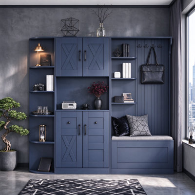 Ensemble de deux meubles d'entrée bleu antique avec armoire de rangement et 4 patères, meuble d'entrée et porte-manteau 2 en 1, utilisables ensemble ou séparément, pour le salon, la cuisine et le couloir.