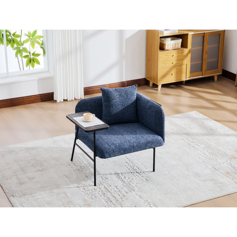 Chaise d'appoint avec petite table et coussin de dossier, chaise rembourrée avec pieds en métal et poche latérale, Marine