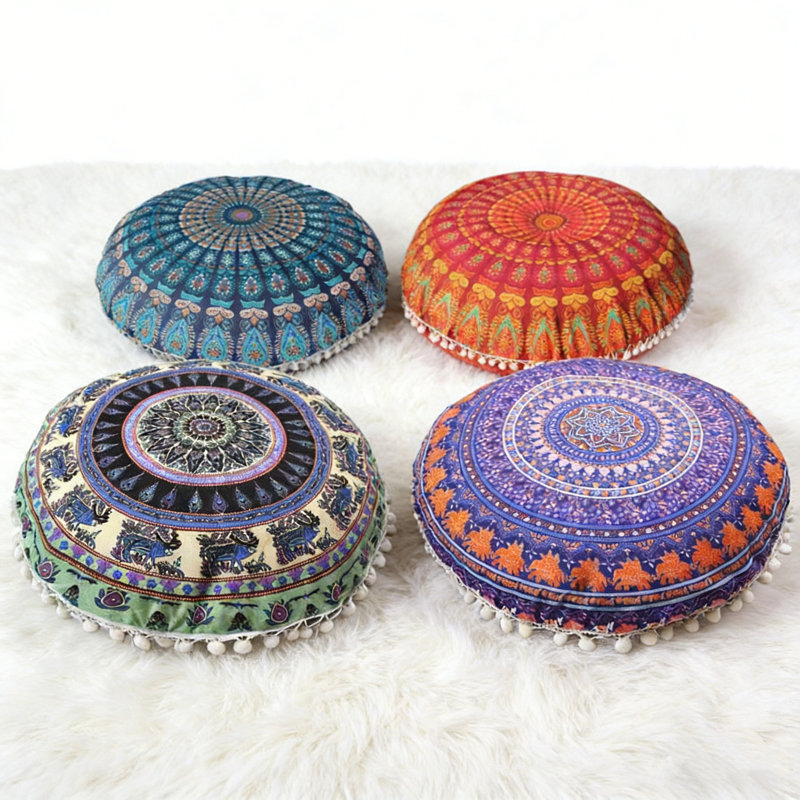 Set Of 4 Mandala Printed Pillowcase 17" X 17" Polyester Fiber Pillow Case With Tassels Ball Cushion Cover, A1