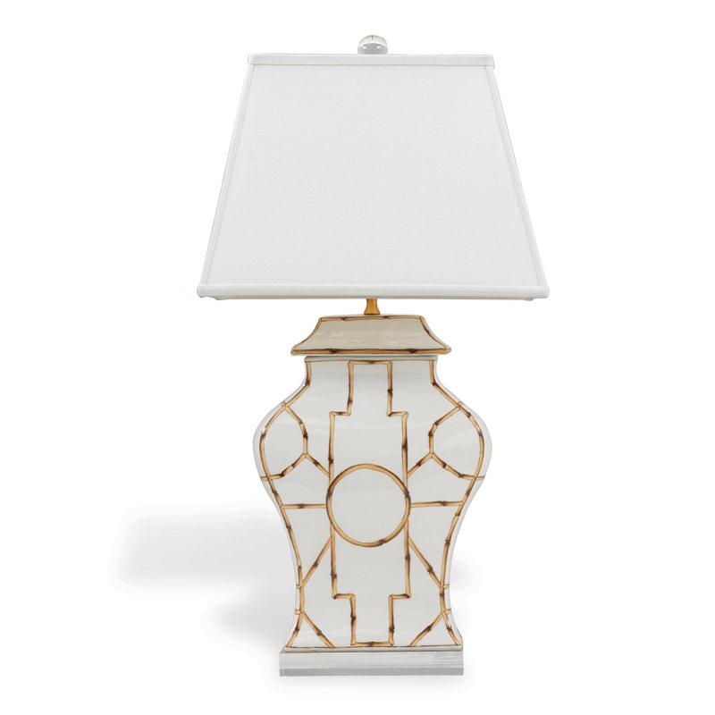 Elegant Porcelain & Lucite Table Lamp with Linen Shade - White