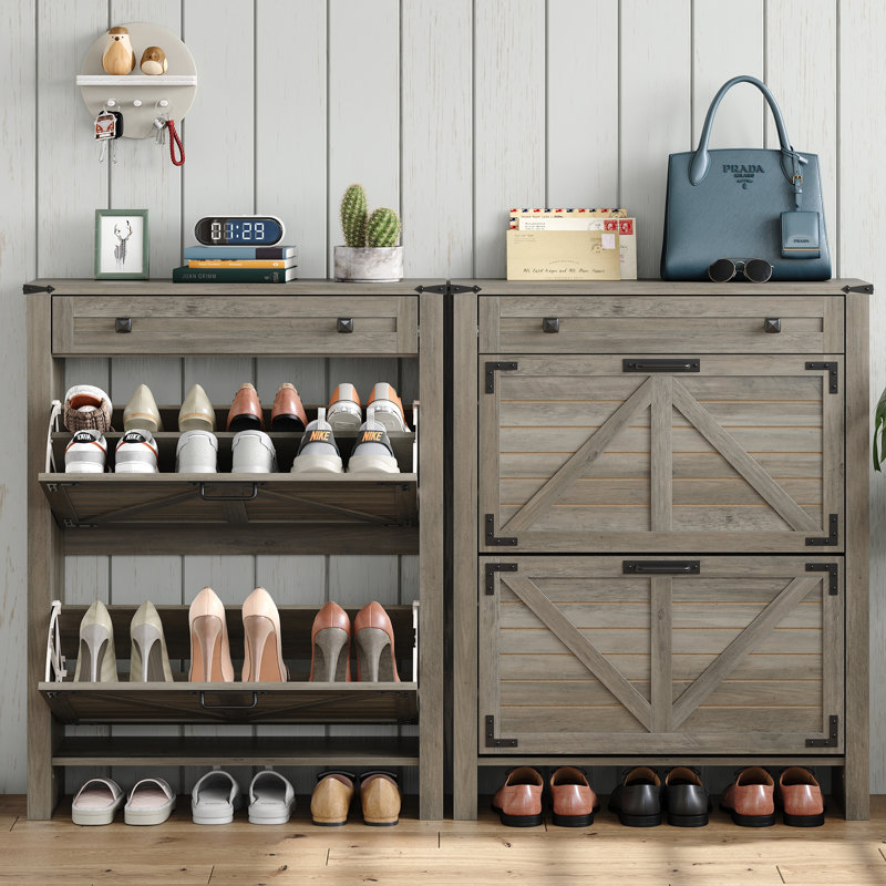 16 Pair Shoe Storage Cabinet with 2 Flip Drawers,Farmhouse Shoe Cabinet for Entryway, Gray