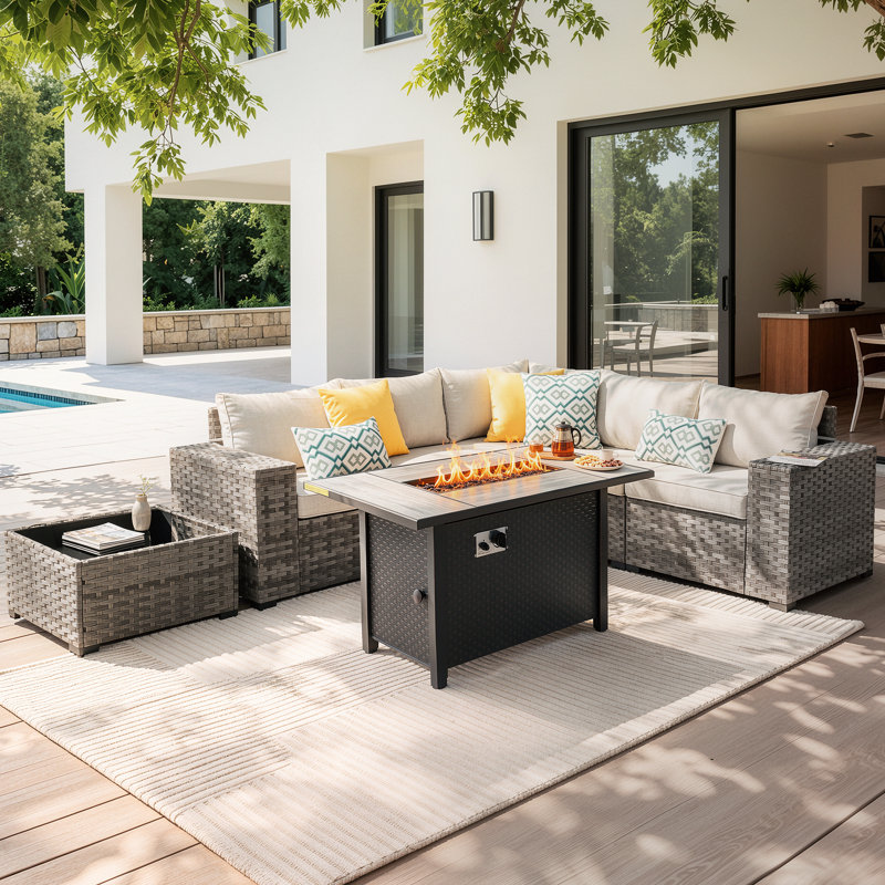Bobia 7-Piece Modular Outdoor Sectional Sofa Set with 42'' Fire Pit Table, L-Shaped Patio Conversation Set for 5, Beige
