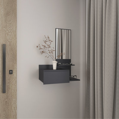 23.6" Wide 3 Shelf Console Table With Mirror - Full Extension Drawer In Black Space Saving Design And , & Stylish Choice