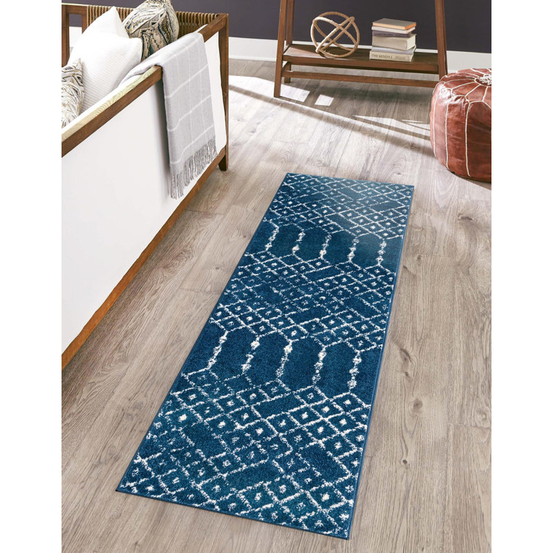 Tapis bleu marine / blanc Lenwood, Tapis de couloir 2 pi x 6 pi