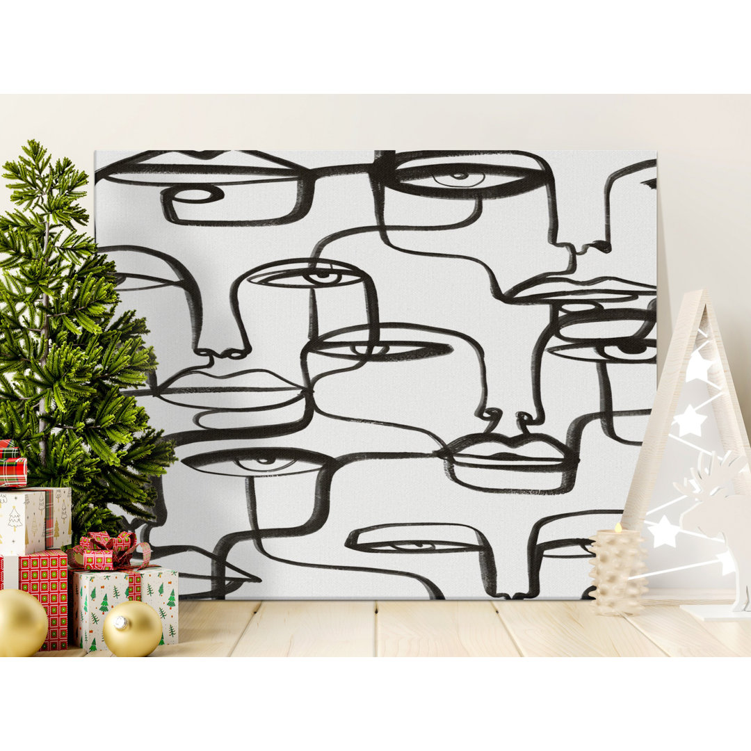 Modern Abstract Faces Canvas Print, Continuous Line Drawing Wall Art, Minimalist Monochrome Decor for Contemporary Home