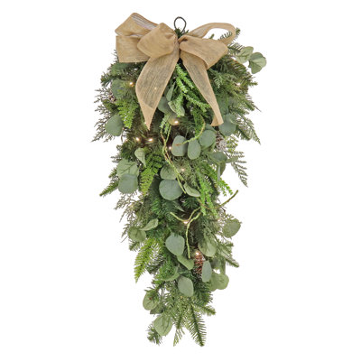 Sapin de Noël décoratif de 76 cm (30 po) en eucalyptus à branches variées, orné d'un nœud en toile de jute et de 30 lumières DEL – Fonctionne sur piles avec minuterie