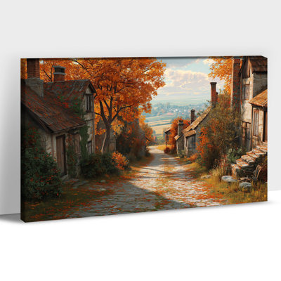 Autumn Farmhouse Landscape Canvas Wall Art – Vintage Countryside Lane Painting, Rustic Cottage Picture Prints, Ready to Hang Canvas Artwork for Living Room Bedroom Wall Decor, 12×24 Inches