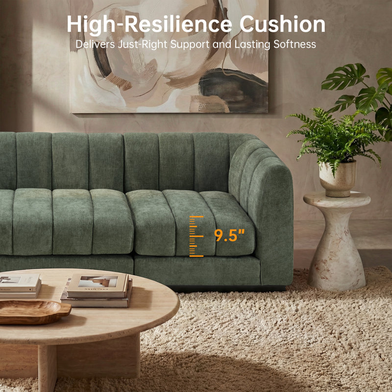 Myrhn Modular Sectional, U-Shaped Contemporary Sleeper Bed with Solid Wood Base, Green Chenille