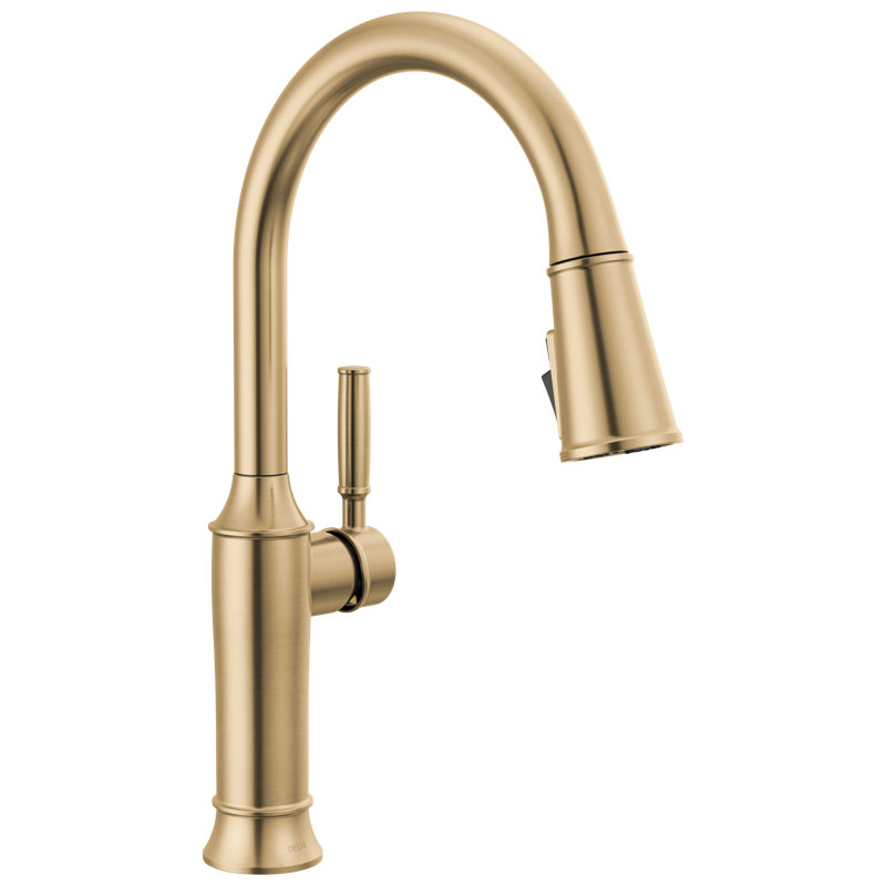 Robinet de cuisine Renaldi en or brossé avec douchette rétractable, robinet d'évier de cuisine monotrou moderne, poignée simple, bronze champagne Lumicoat