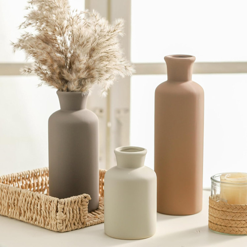 Set of 3 Brown Ceramic Vases for Table Decor