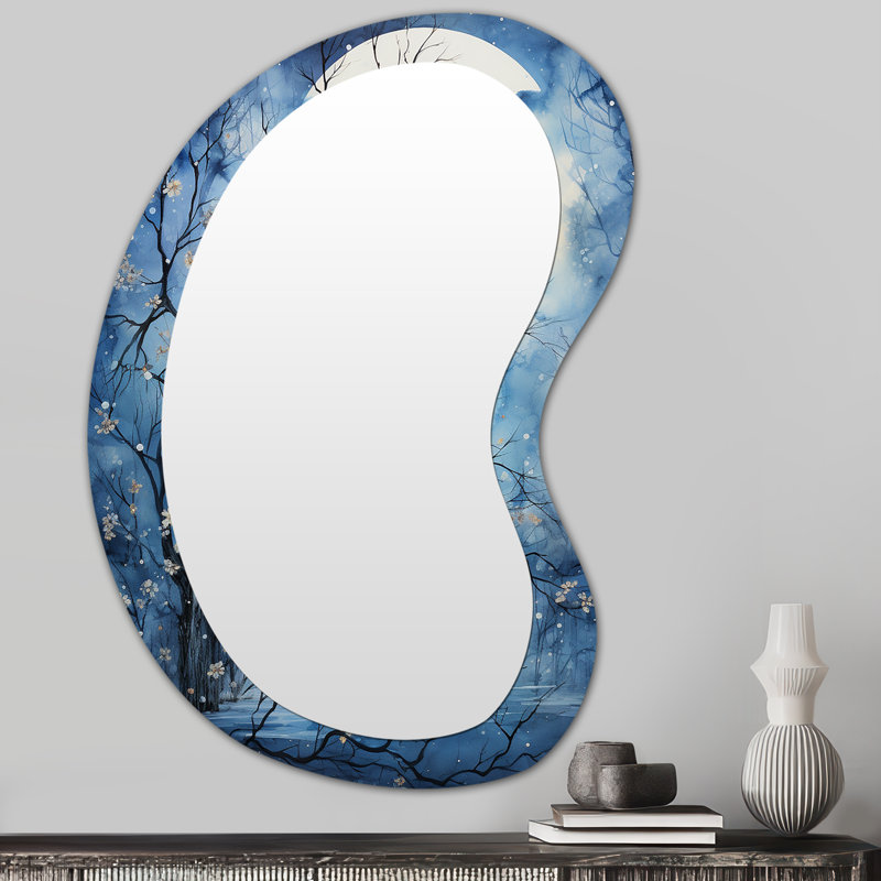 Grand miroir mural asymétrique bleu et blanc Moonlit Silhouette II - Trees, 31 po x 22 po