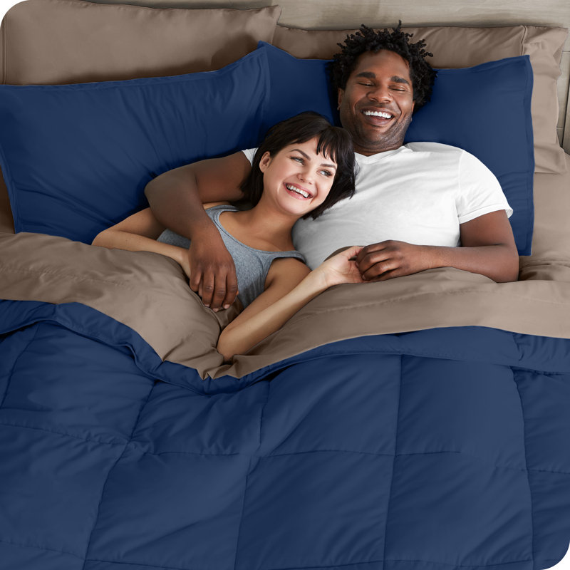 Microfiber Bed-In-A-Bag, Dark Blue/Taupe, California King Comforter + 6 Additional Pieces