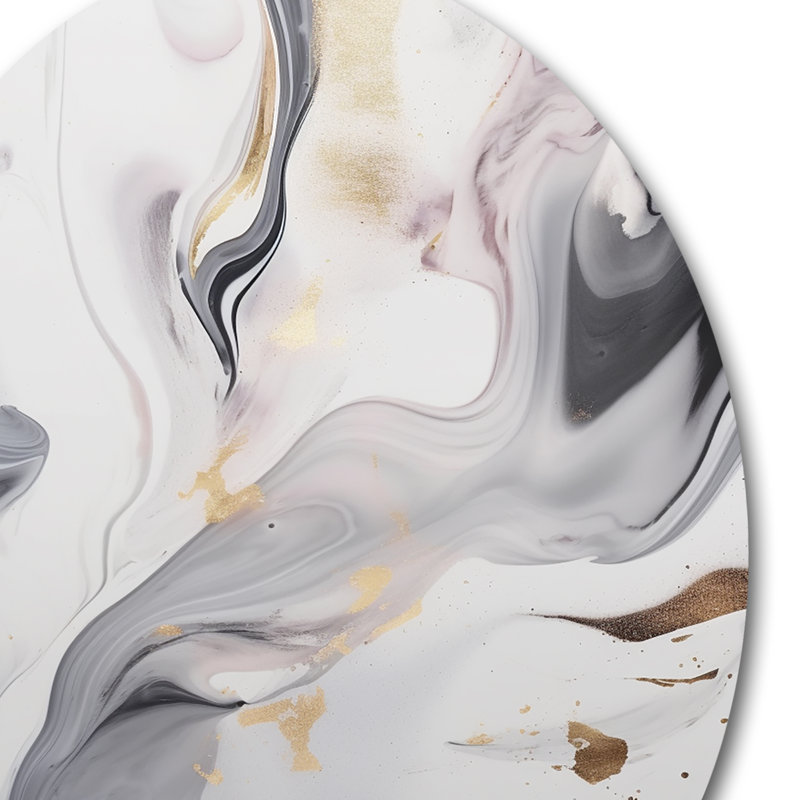 Blanc et gris ondulations de pierre I - art mural rond en marbre abstrait, H 16 po x l 16 po x P 1 po
