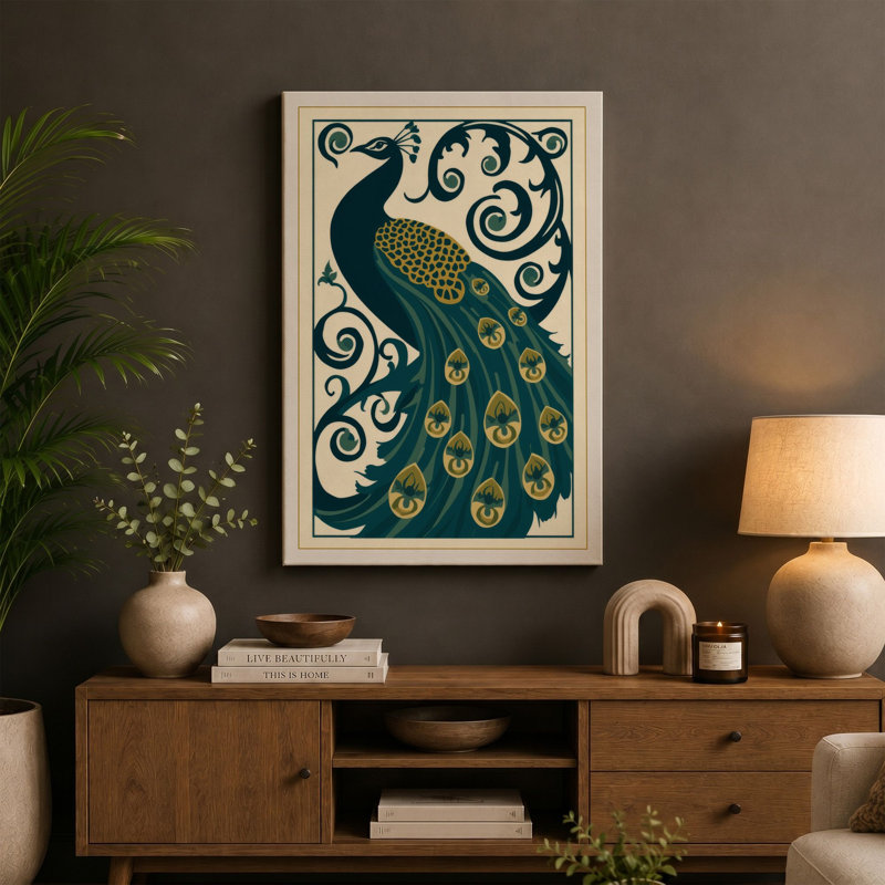 Ornamental Peacock Art Deco - Wrapped Canvas, 30x20 - 76.2 x 50.8 cm, Cream Border