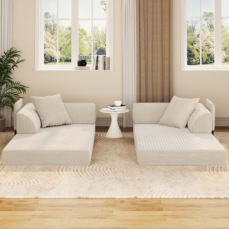 Boneless 79" Corduroy Convertible Loveseat Sleeper With Pillows & Armrest Storage Pockets, Beige