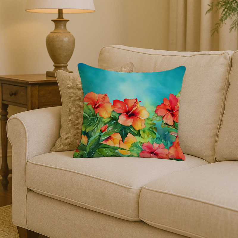 Coussin Hawaii, Hibiscus à l'aquarelle, Carré 14 po