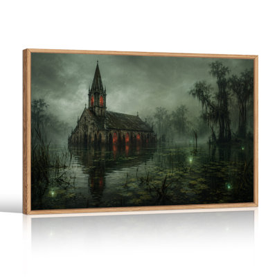 Église gothique dans un marais brumeux avec toile murale rougeoyante pour l'Halloween