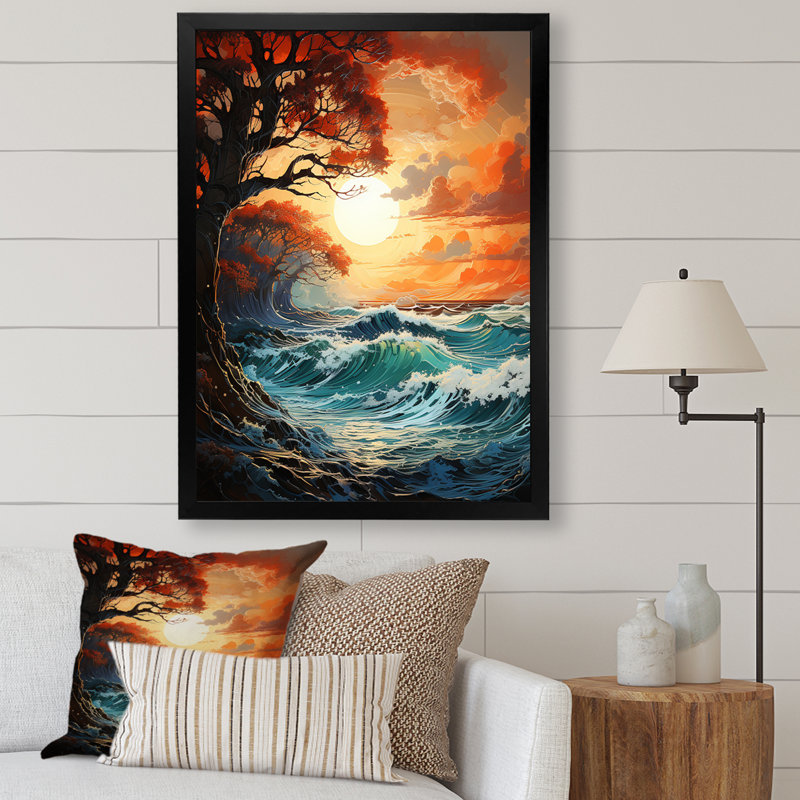 Coucher de soleil sur les vagues côtières - art mural abstrait, H 32 po x l 24 po x P 1 po, Cadre photo noir simple