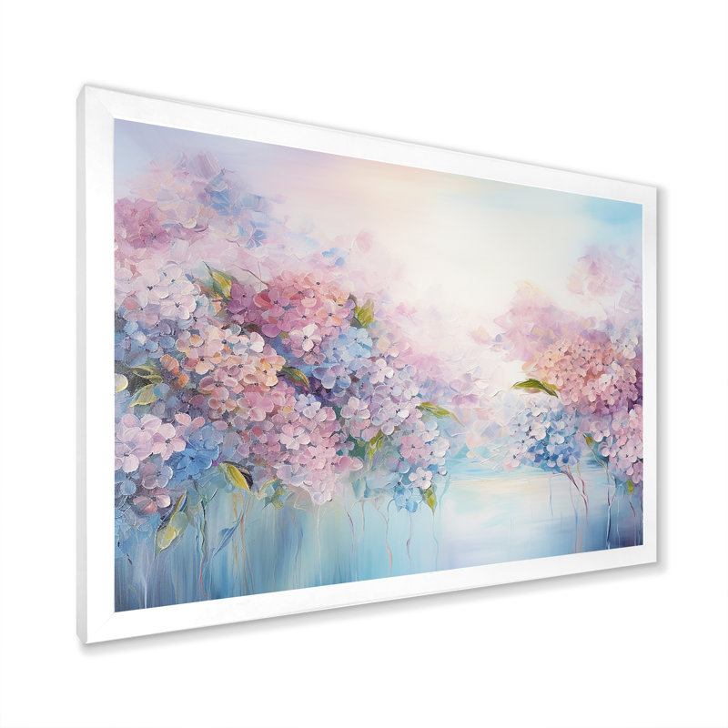 Hortensia bleue et rose Solitude dans la nature - décoration murale champ de fleurs, Cadre simple blanc