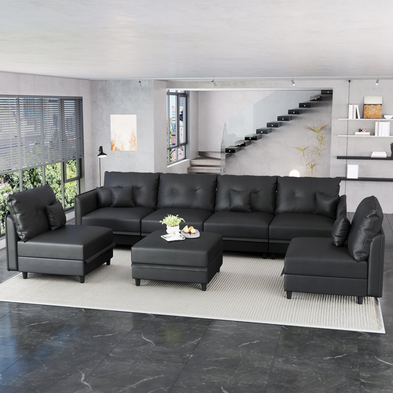 Canapé avec méridienne réversible avec repose-pieds Breseis, Black Faux Leather