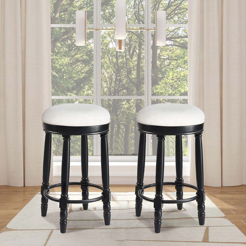 26" Counter Height 360° Swivel Wooden Upholstered Bar Stools For Kitchen, Dining, And Living Room(Set Of 2), White, Black