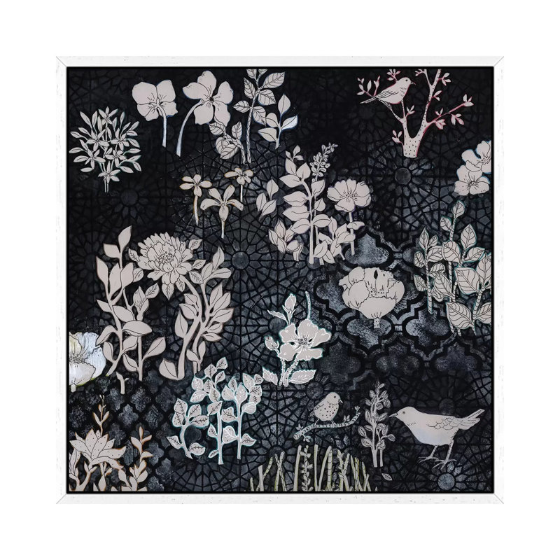 Pale Grey Botanical On Black by Miri Eshet - Print on Canvas, 93.98 cm H x 93.98 cm W, White Framed