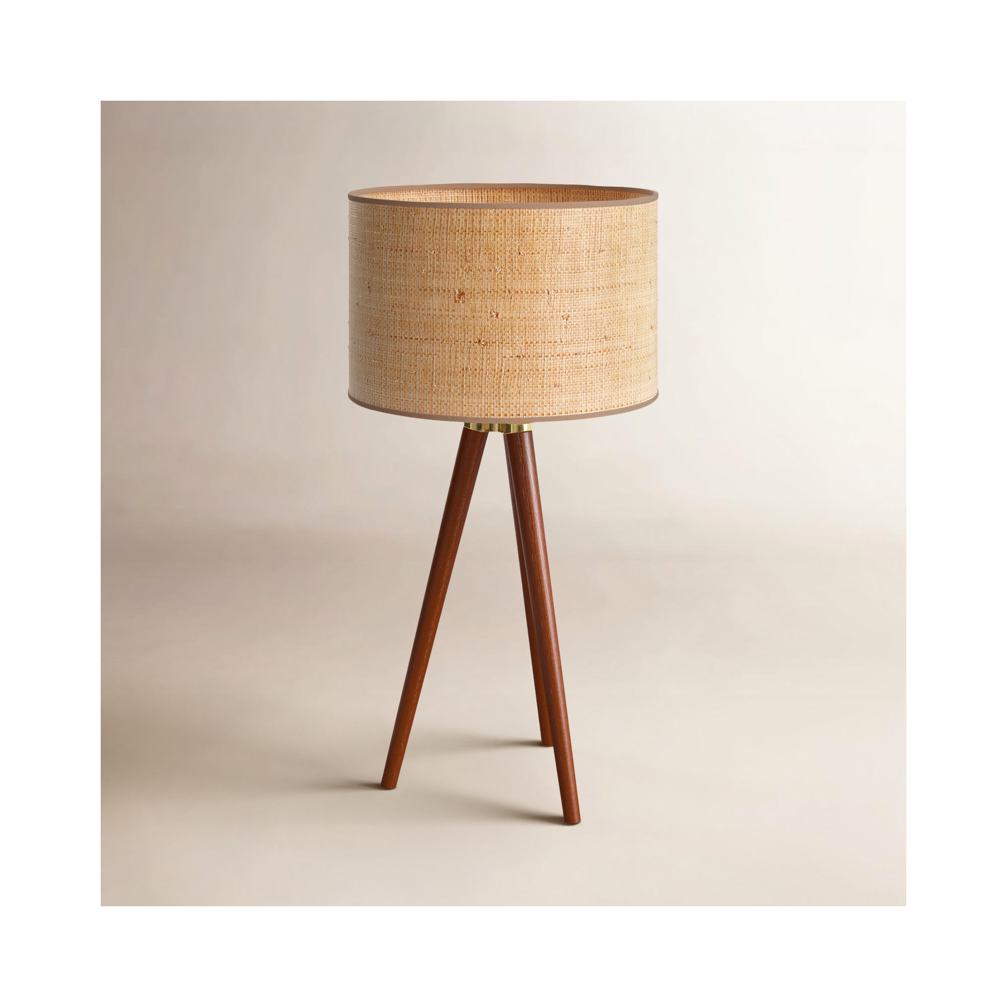 Kisa Wood Tripod Lamp, Woven Natural Rattan Shade w. Beige Trim, Walnut Wood w. Antique Brass Accents