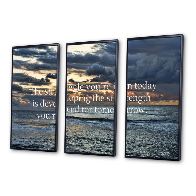 Océan et citation inspirante - 3 pièces d'art textuel sur toile, H 28 po x l 36 po, Blanc