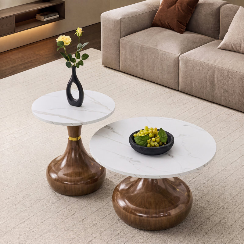 Living Room Table Set, White/Brown