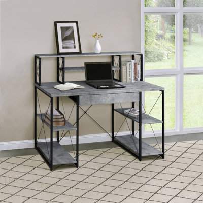Bureau gris et noir avec tablettes ouvertes et huche, pour des espaces de travail organisés et élégants