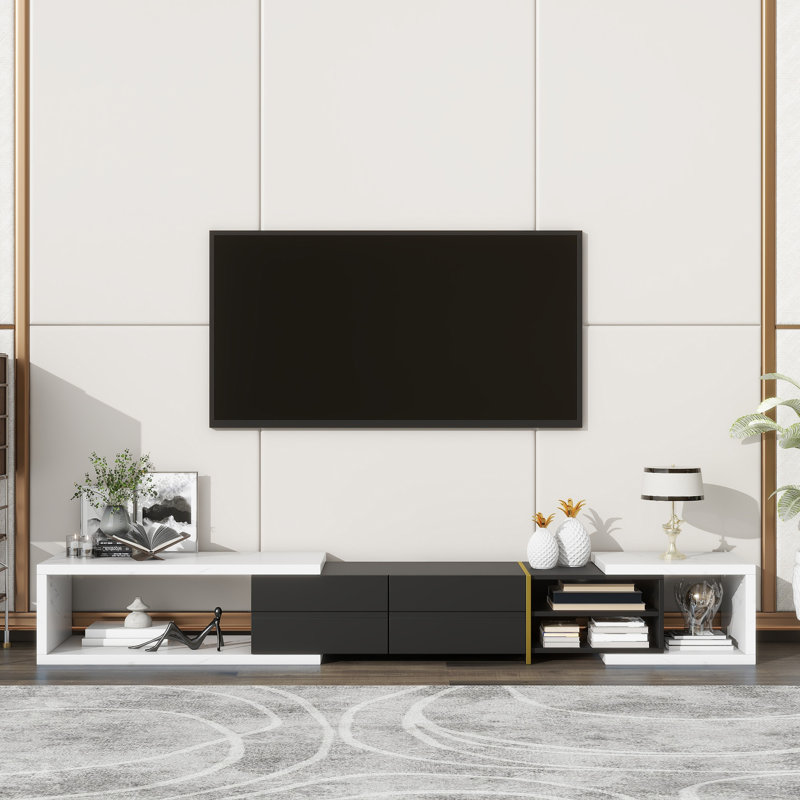 Meuble télé moderne pour téléviseur de 90 po ou moins, Blanc/Noir