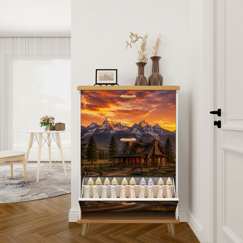 Armoire à chaussures avec 3 tiroirs rabattables pour chalet rustique Snowy Mountain Valley Dramatic Sunset
