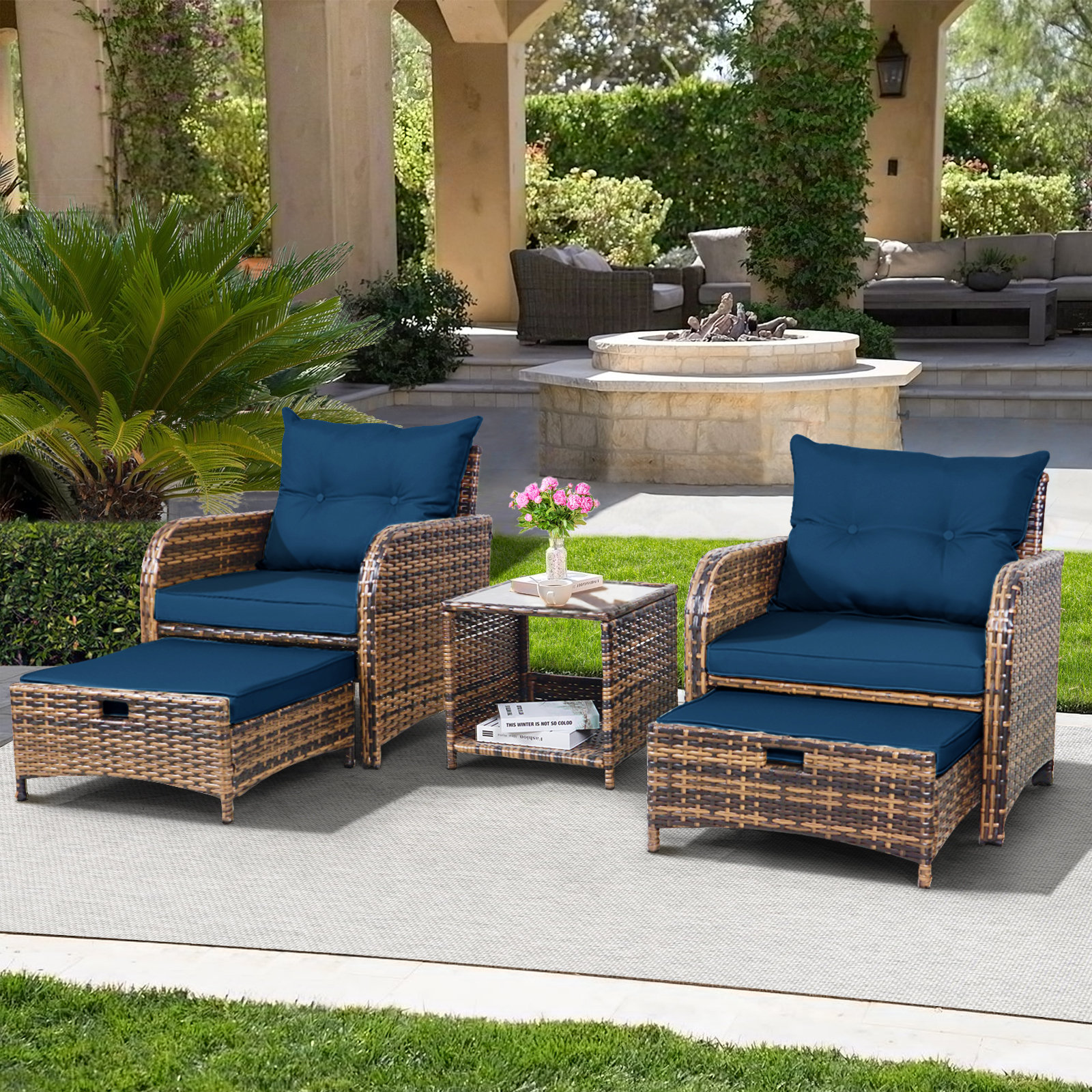 Latitude Run® Antilles 2-Person Outdoor All-Weather Wicker Conversation Set with Ottomans and Coffee Table & Reviews | Wayfair