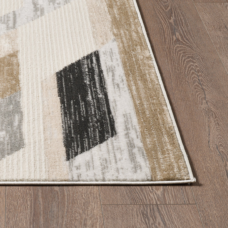 Tapis turc moderne à motif géométrique tissé à la machine en noir / beige / gris, Rectangle 4pi x 6 pi